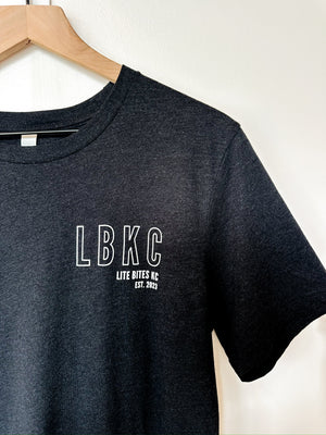 Dark gray tshirt with LBKC logo on left chest.