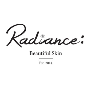 Black lettered logo that reads, Radiance, Beautiful Skin, Established 2014